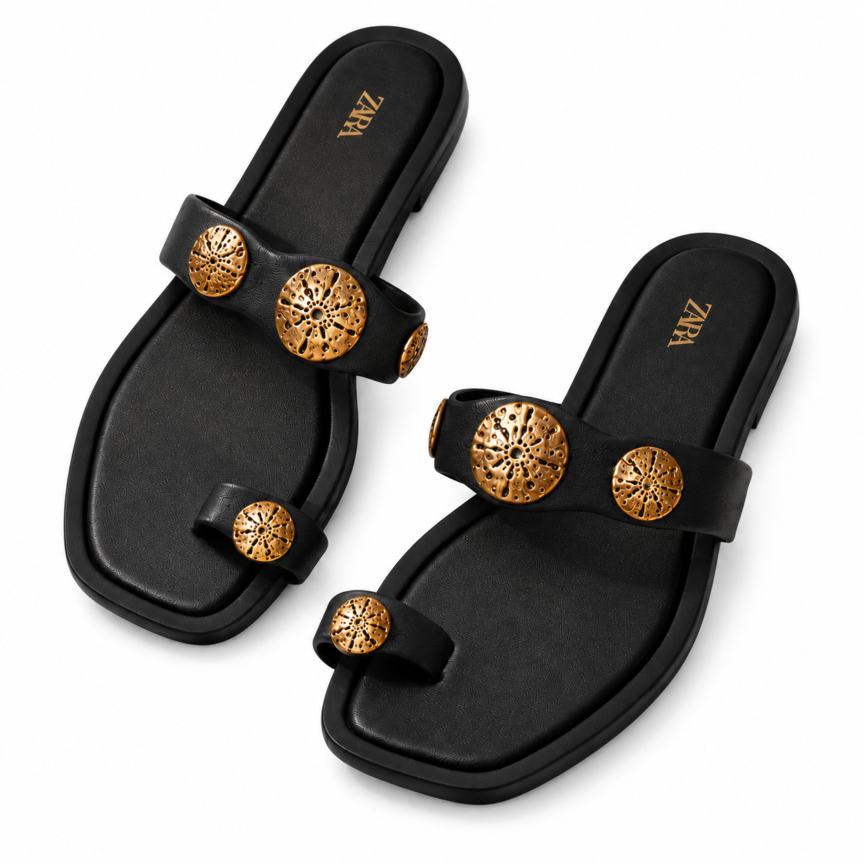 ZARA Black Embellished Toe Ring Flat Sandals